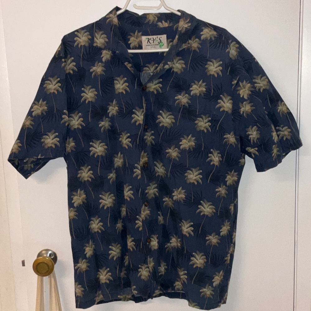 Ky’s Locally Made in Hawaii Hawaiian Shirt Men’s Blue Palm Tree Aloha Button Up